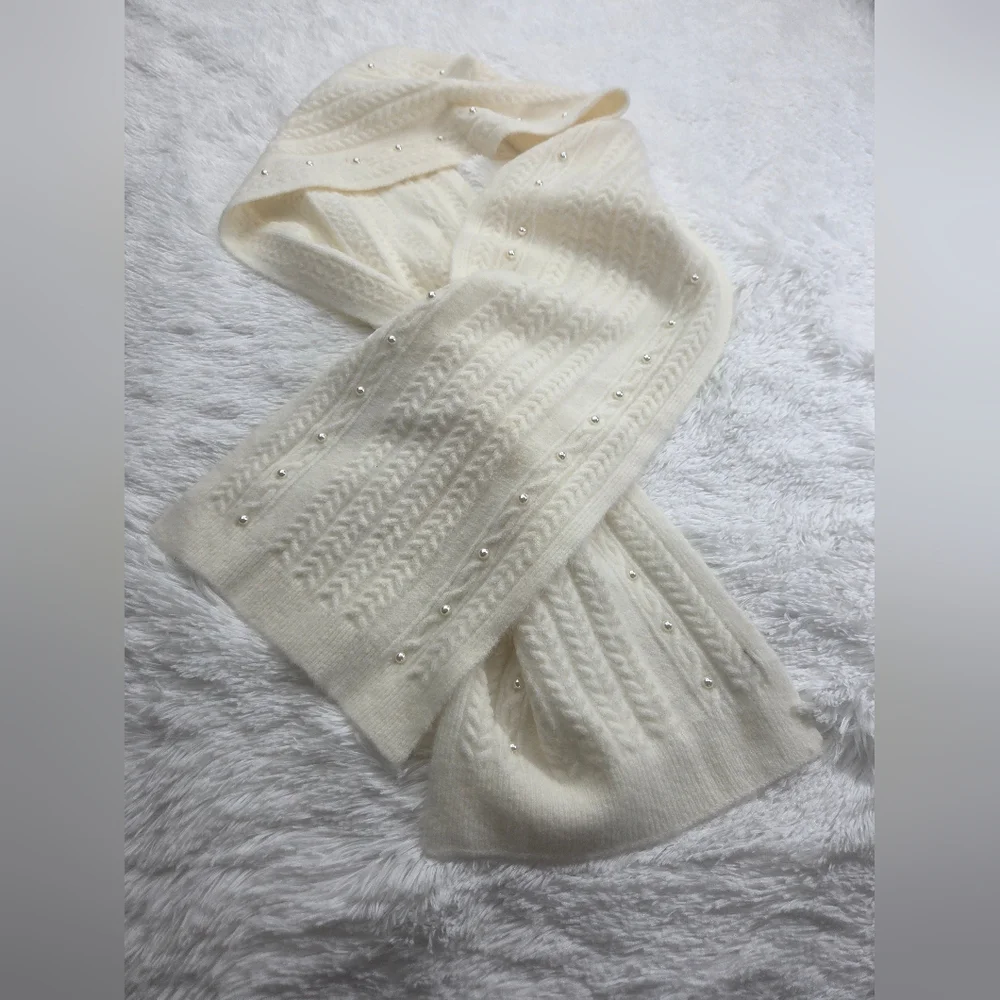Talbots Ivory Cable Knit Scarf Pearl Beaded Soft Cozy Winter Wrap‎